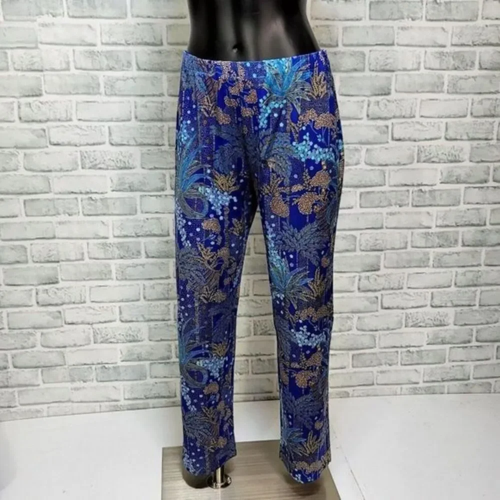 Vintage 70s Blue Tropical‎ Print Pant Set Womens M Lounge Resort Mod 2 Piece